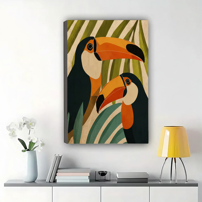 Tropical Toucans Wall Art – Bold Botanical Canvas Print on Natural Wood Frame
