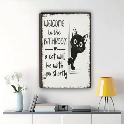 Welcome to the Bathroom Vintage Black Cat – Rustic Bathroom Wall Art on Natural Wood Canvas