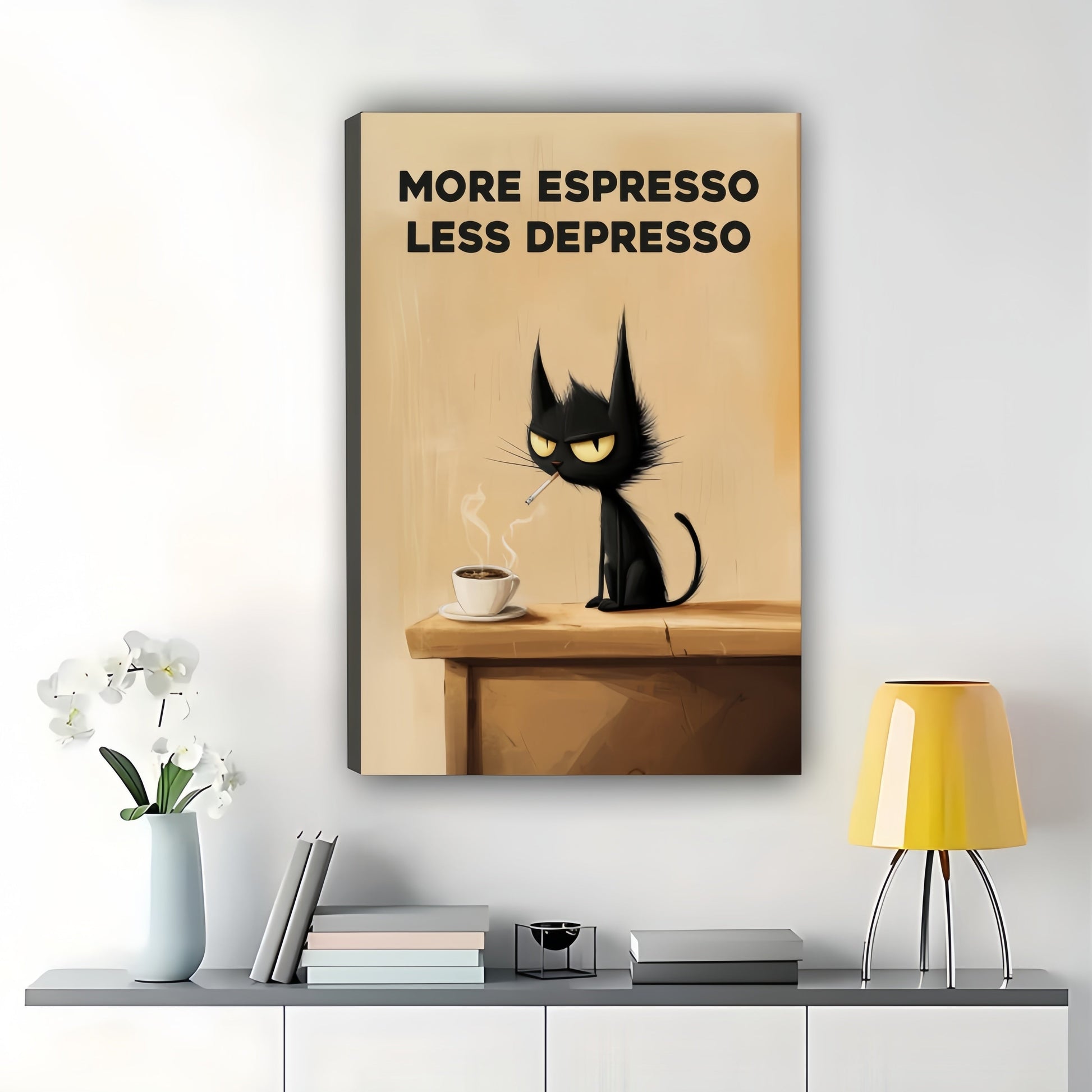More Espresso Less Depresso Sassy Black Cat – Humorous Coffee Wall Art on Natural Wood Canvas