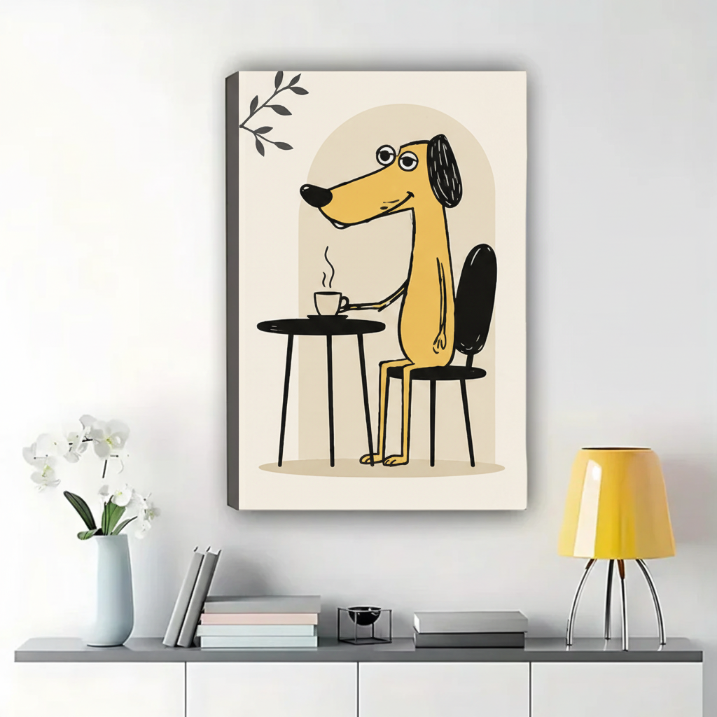 Coffee Break Dog Wall Art – Modern Minimalist Line Art Canvas Print on Natural Wood Frame