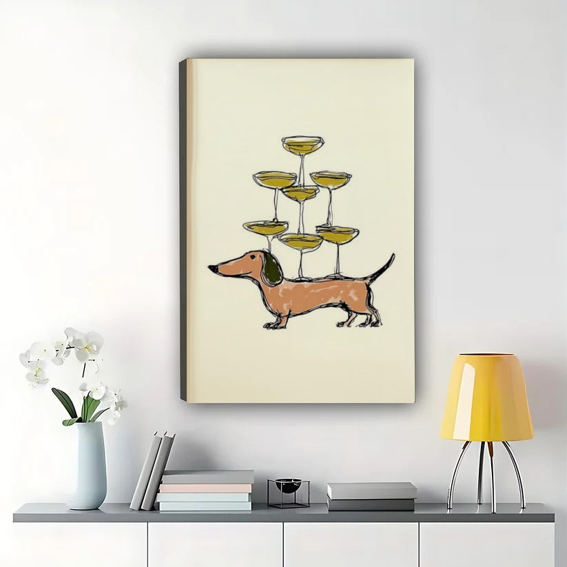 Dachshund with Champagne Tower Wall Art – Playful Wiener Dog Canvas Print on Natural Wood Frame