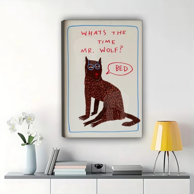 What’s the Time Mr. Wolf? Bed Funny Red Cat – Humorous Kids’ Room Wall Art on Natural Wood Canvas