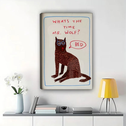What’s the Time Mr. Wolf? Bed Funny Red Cat – Humorous Kids’ Room Wall Art on Natural Wood Canvas