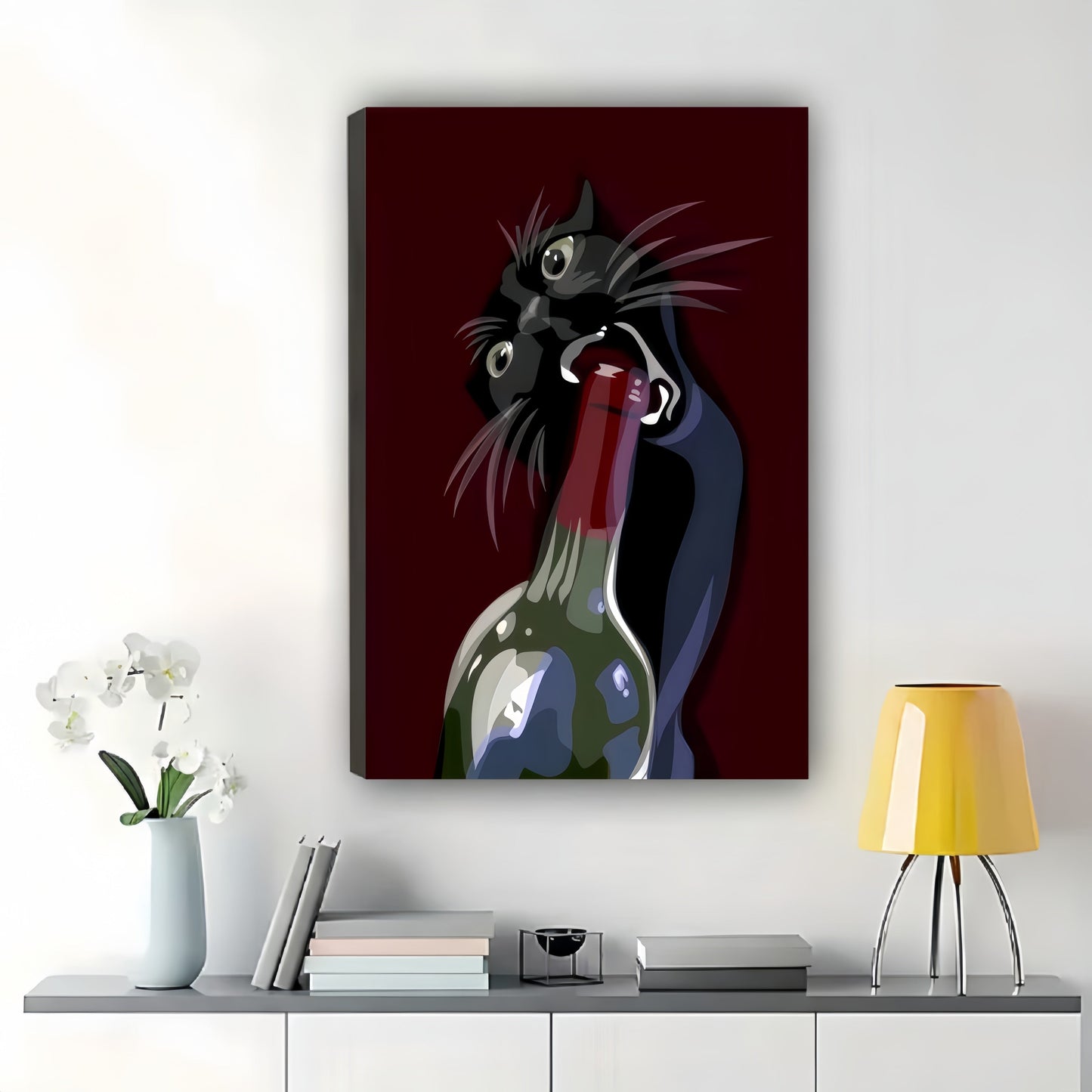 The Wine-Bottle-Opening Black Cat – Retro Luxe Wall Art on Natural Wood Canvas