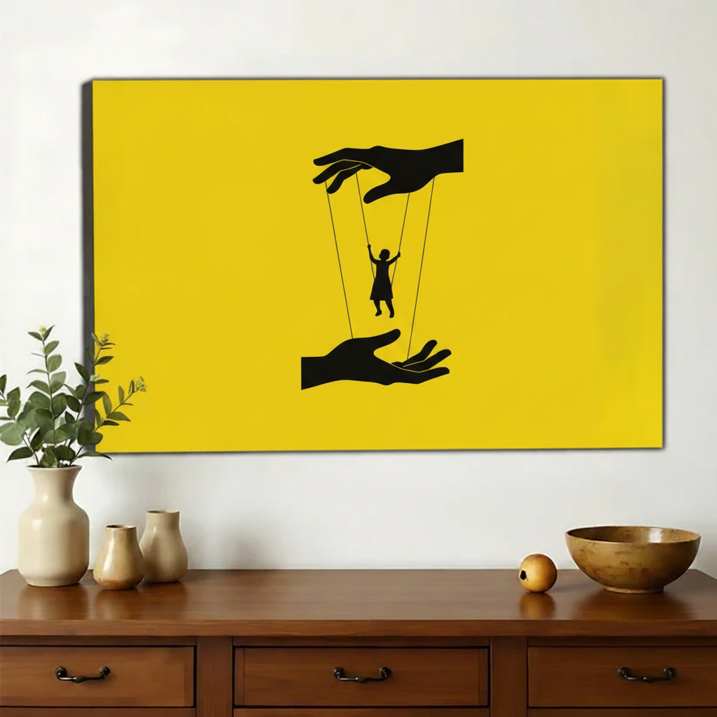 Puppet on Strings – Bold Yellow Abstract Wall Art on Natural Wood Canvas