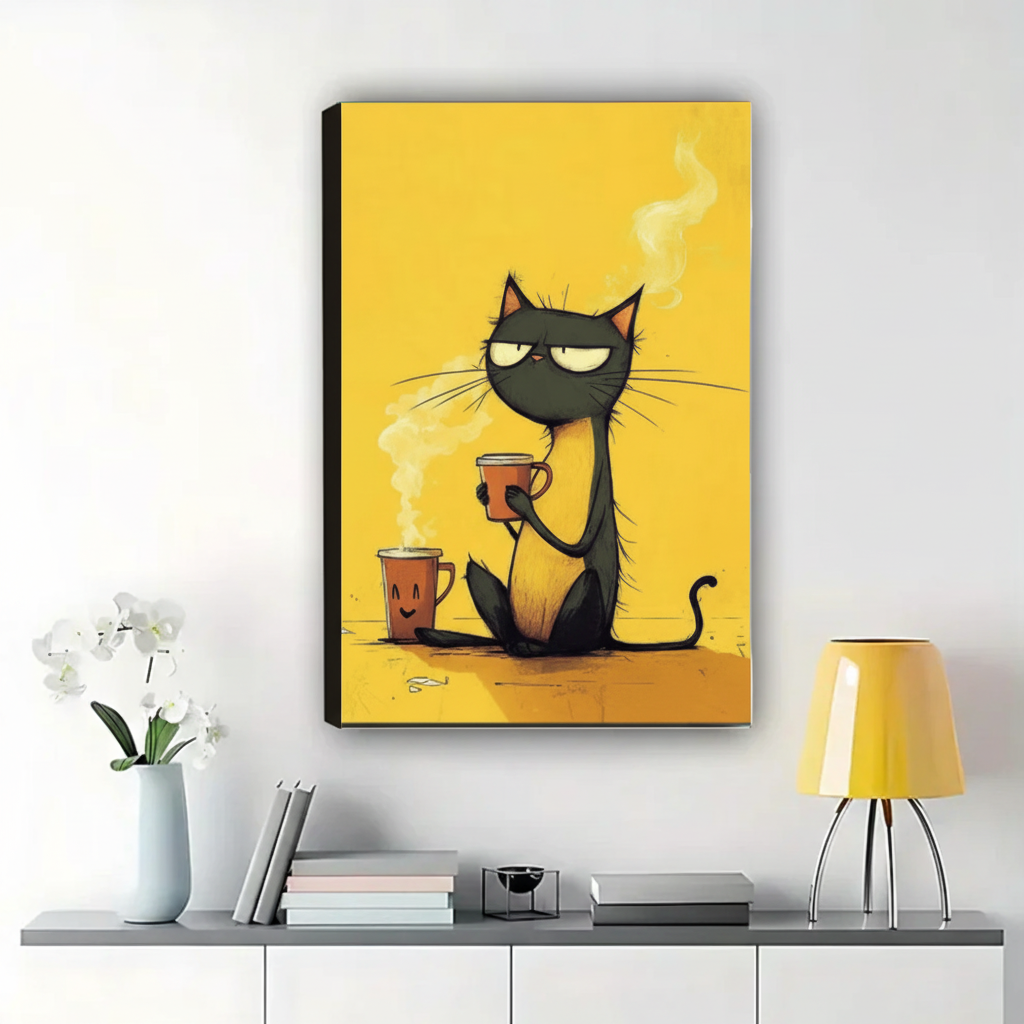 Grumpy Black Cat with Coffee Wall Art – Funny Morning Cat Canvas Print on Natural Wood Frame