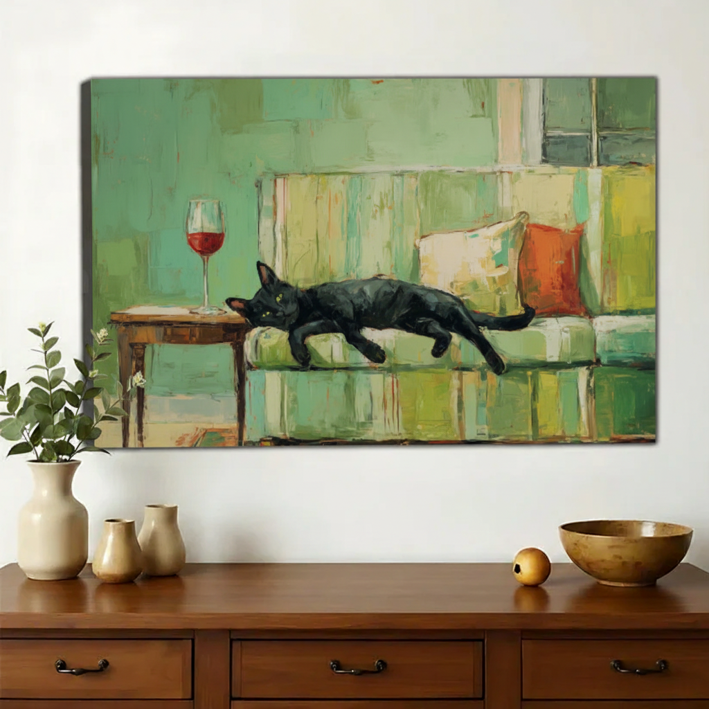 Lazy Black Cat on Green Couch – Retro Oil Painting Style Wall Art on Natural Wood Canvas