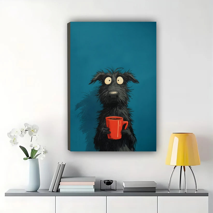 Cool Black Dog with Coffee Cup – Minimalist Bold Wall Art on Natural Wood Canvas