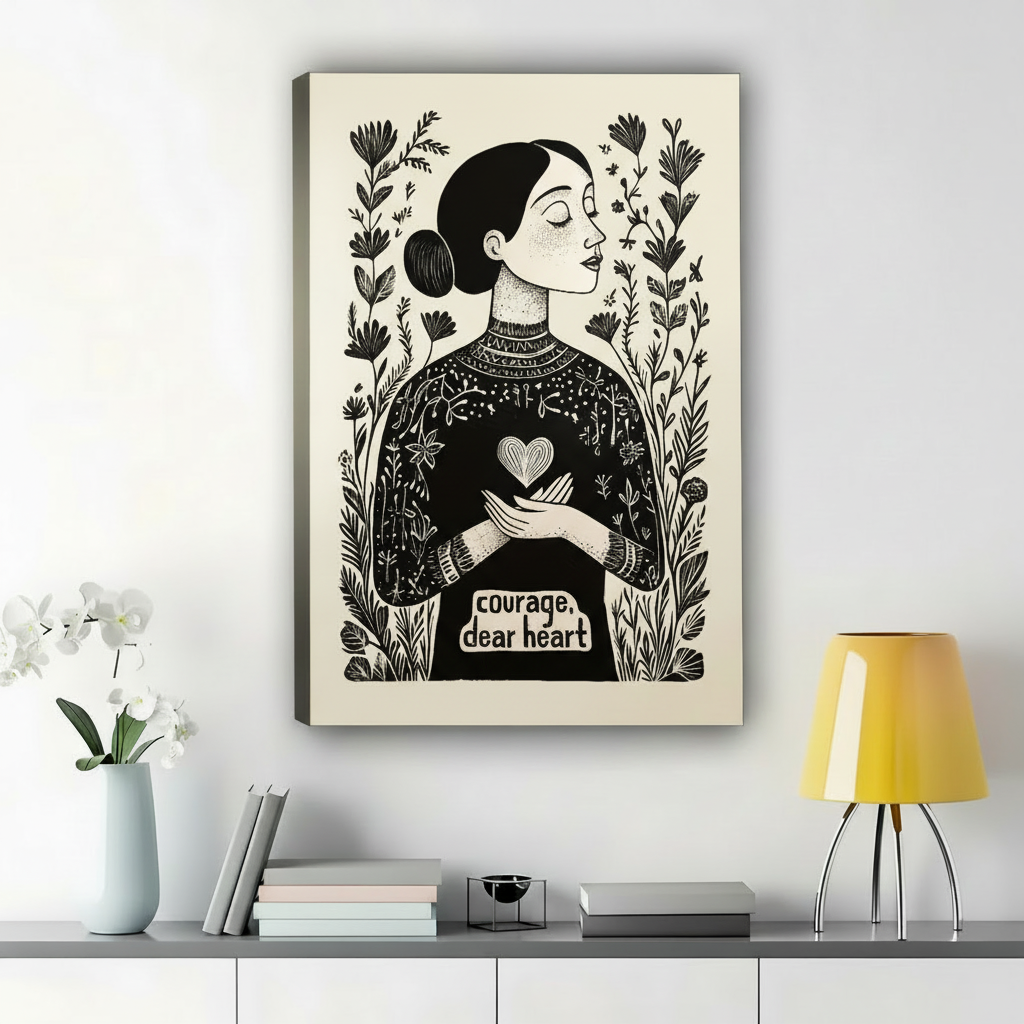Courage, Dear Heart Woman with Floral Folk Art – Vintage Boho Wall Art on Natural Wood Canvas