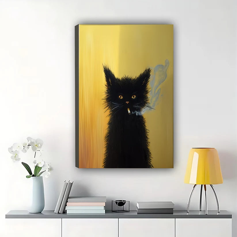 Smoking Black Cat – Retro Edgy Cat Wall Art on Natural Wood Canvas