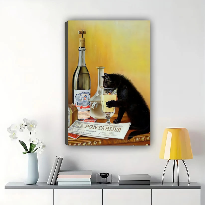 Vintage Black Cat at Bar Counter – Retro Poster Wall Art on Natural Wood Canvas