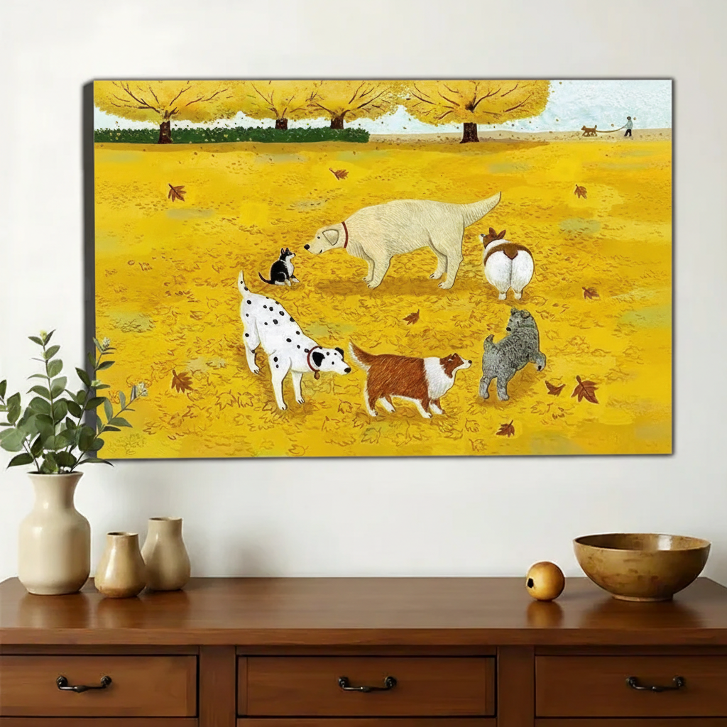 Six Dogs Playing in Autumn Park Wall Art – Joyful Folk Art Canvas Print on Natural Wood Frame
