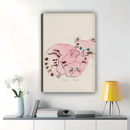 Pink Cat Parent Kitten – Sweet Pet Family Wall Art on Natural Wood Canvas