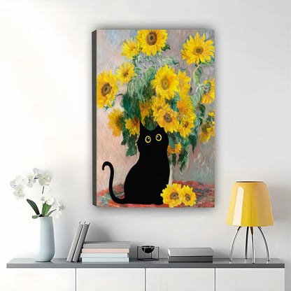 Black Cat with Sunflowers – Van Gogh Inspired Cat Wall Art on Natural Wood Canvas