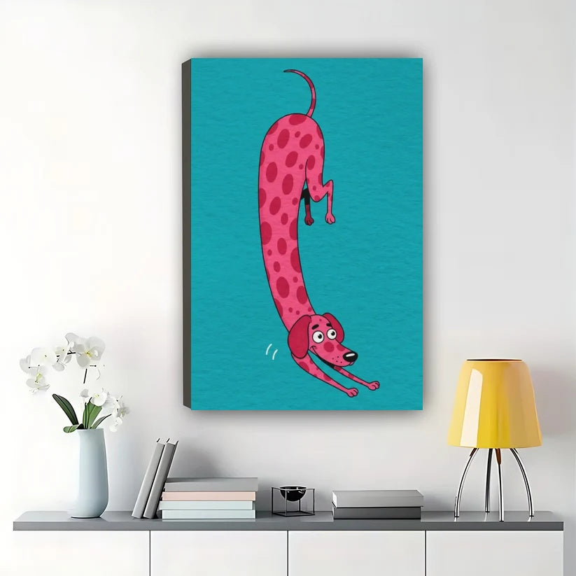Pink Polka Dot Dachshund Wall Art – Whimsical Teal Background Sausage Dog Canvas Print on Natural Wood Frame