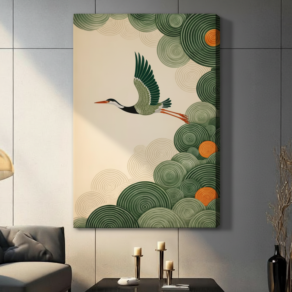 Japanese Crane Flying Green Cloud Decorative Canvas Print