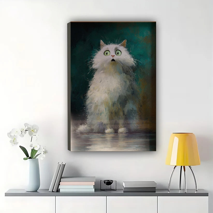 Vintage Fluffy White Cat Wall Art – Moody Realistic Cat Canvas Print with Natural Wood Frame