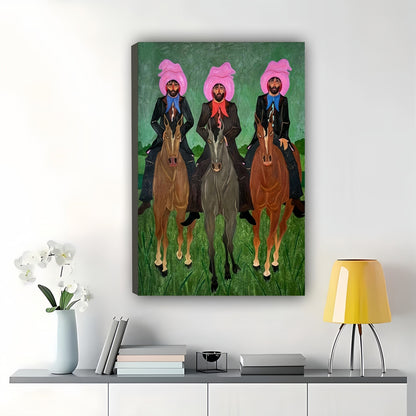 The Pink-Haired Riders – Retro Artistic Wall Art on Natural Wood Canvas