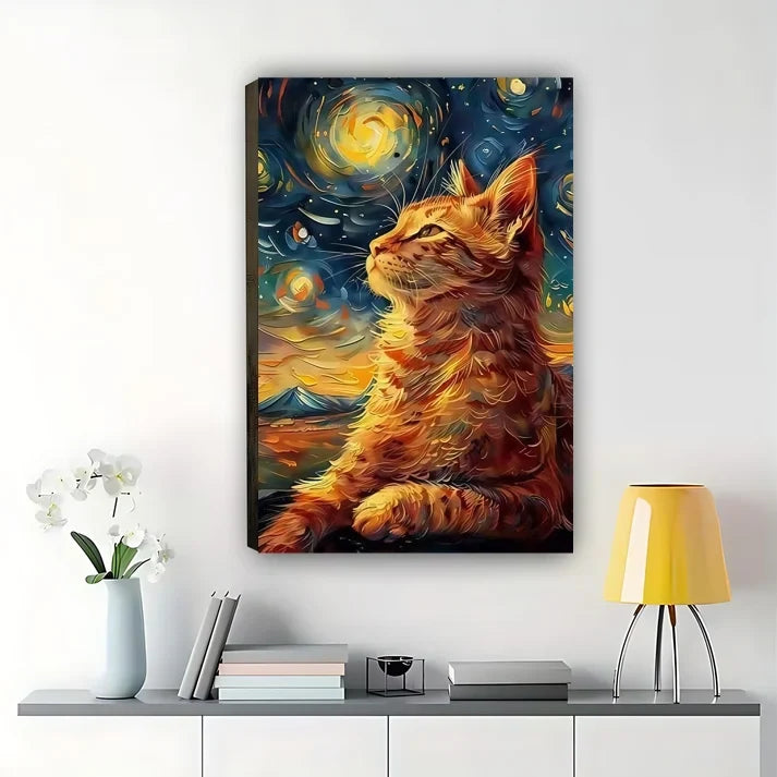 Starry Night Cat Wall Art - Van Gogh Style Orange Tabby Print
