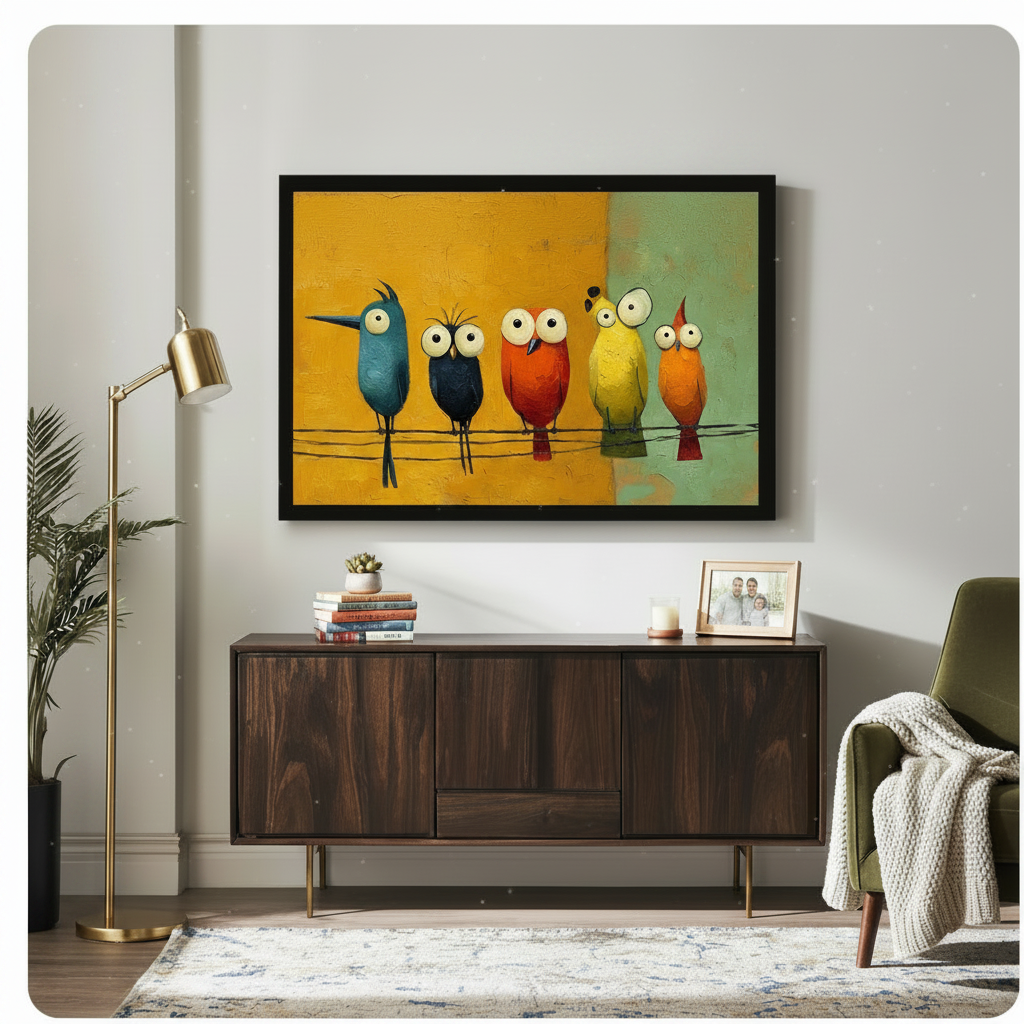 Colorful Cartoon Birds on Wire Canvas Wall Art