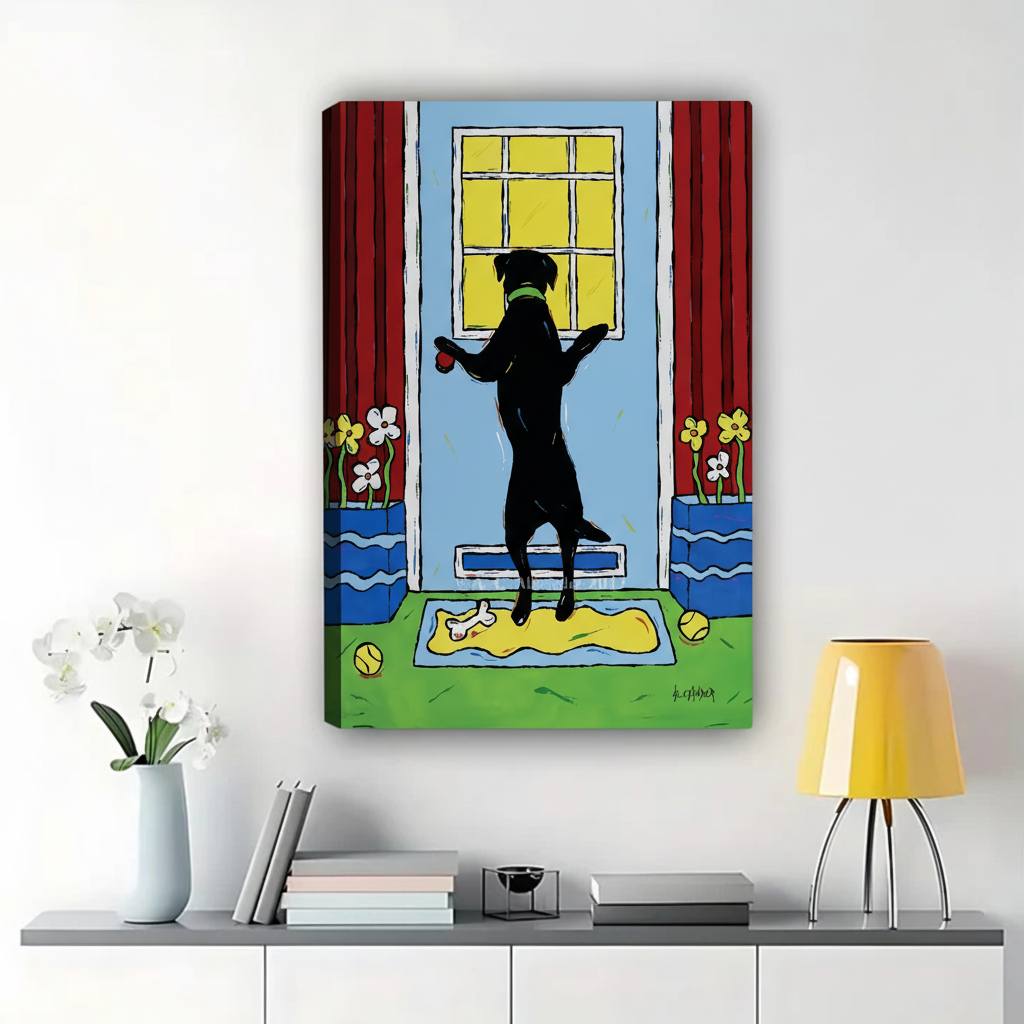 Dog Waiting at Door Wall Art - Colorful Pet Canvas Print