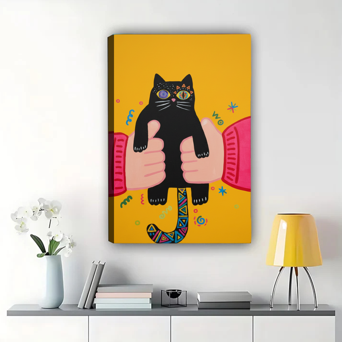 Black Cat with Kaleidoscope Eyes Art Print - Quirky Wall Decor Canvas Wall Art