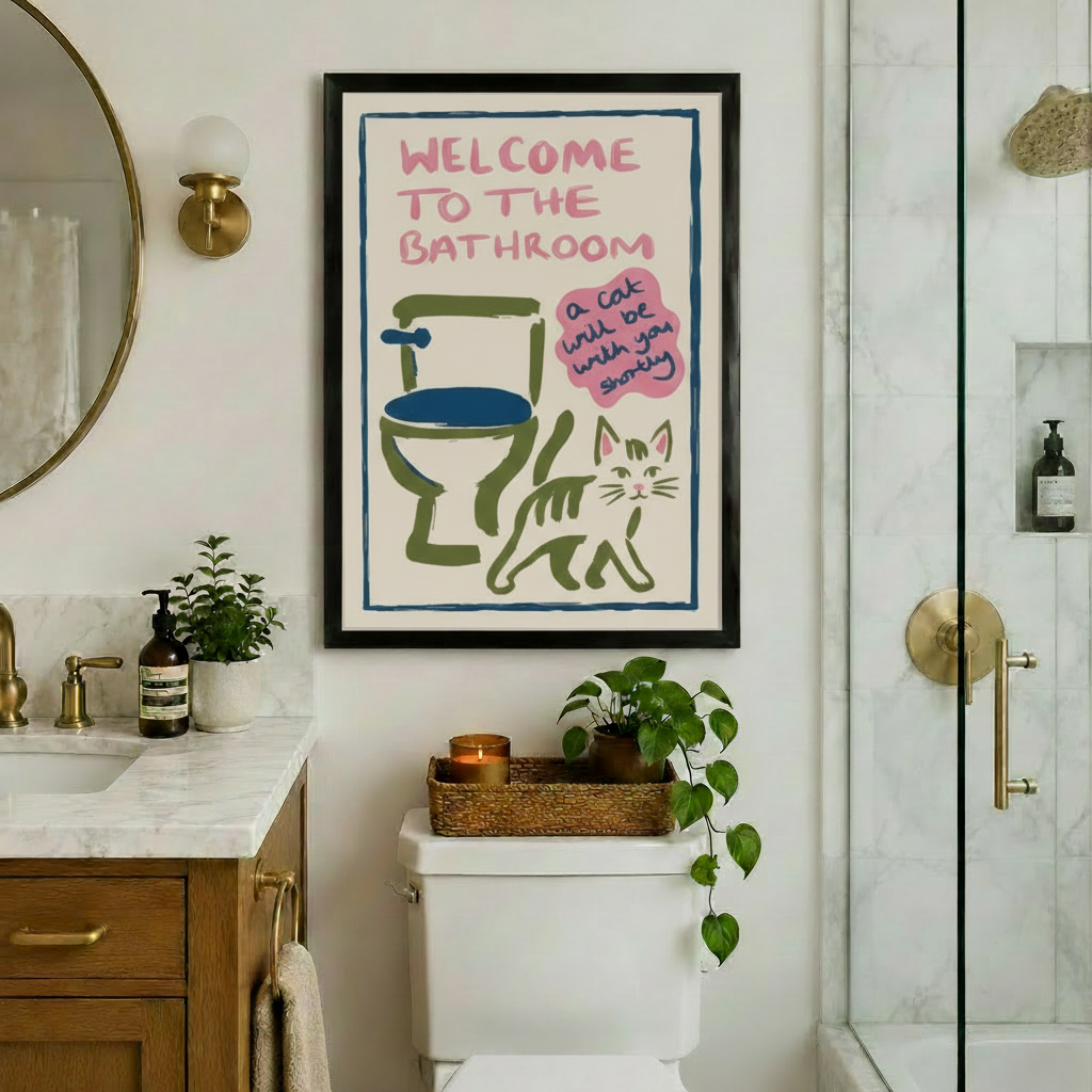 Welcome to the Bathroom Funny Cat Canvas Art Wall Art
