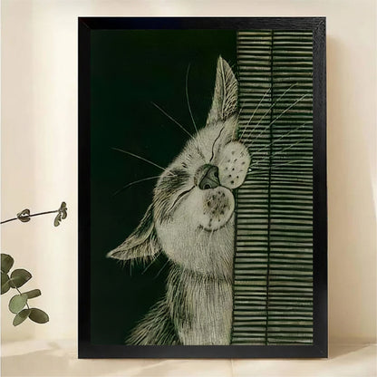 Cat by Window Wall Art - Vintage Green Style