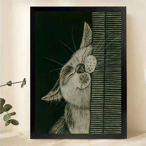 Cat by Window Wall Art - Vintage Green Style