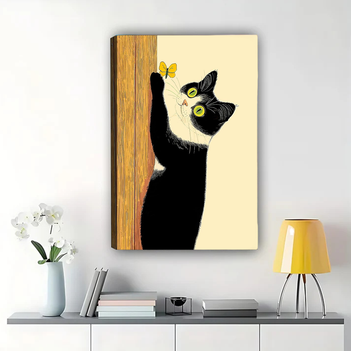 Black Cat with Butterfly Art Print - Framed Wall Decor Canvas Wall Art