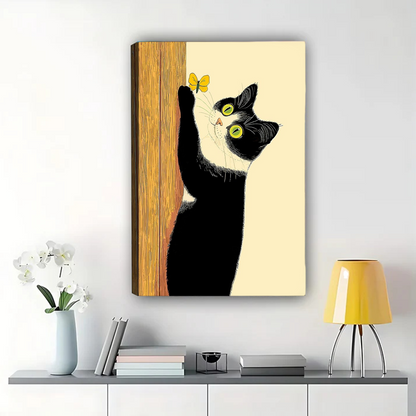 Black Cat with Butterfly Art Print - Framed Wall Decor Canvas Wall Art