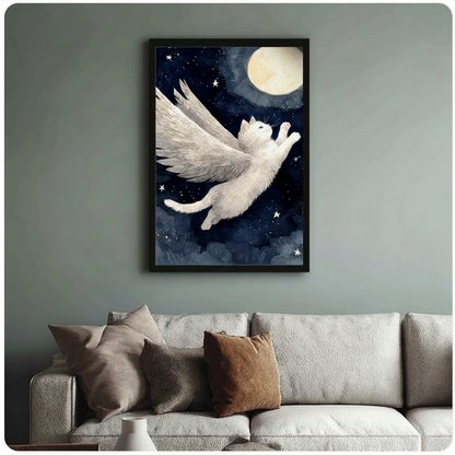 Flying Angel Cat Canvas Wall Art – Dreamy Night Sky