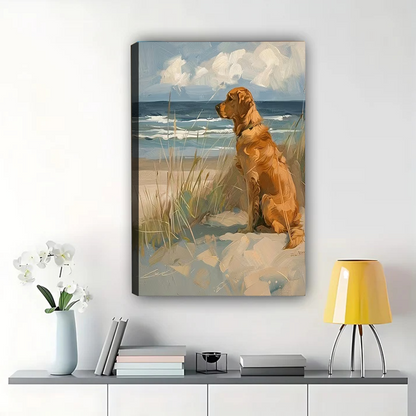 Golden Retriever on Beach Canvas Wall Art - Coastal Dog Portrait Painting