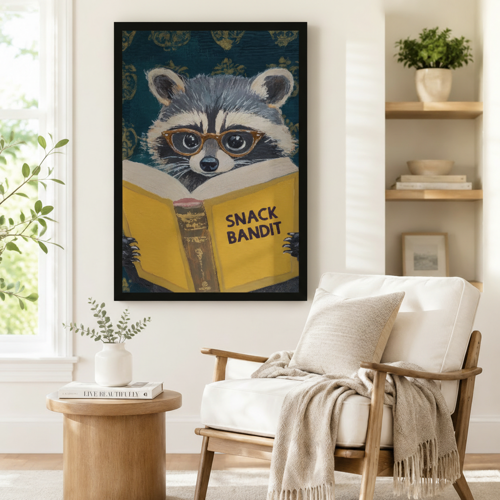 Snack Bandit Raccoon Reading Funny Impasto Canvas Print