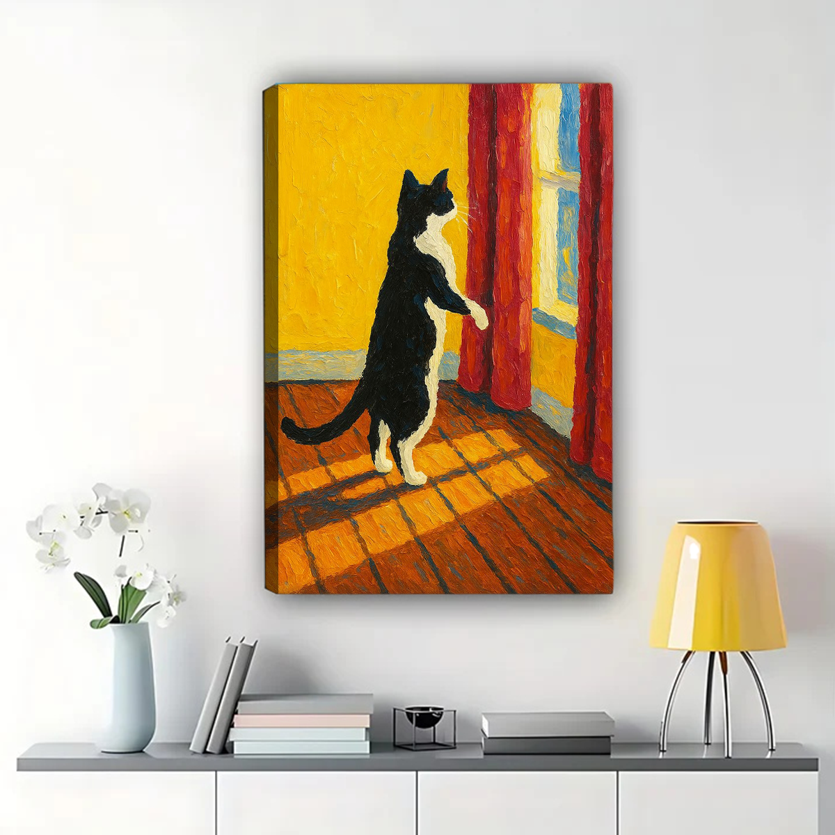 Cat Looking Out Window Wall Art - Warm Oil Painting Print