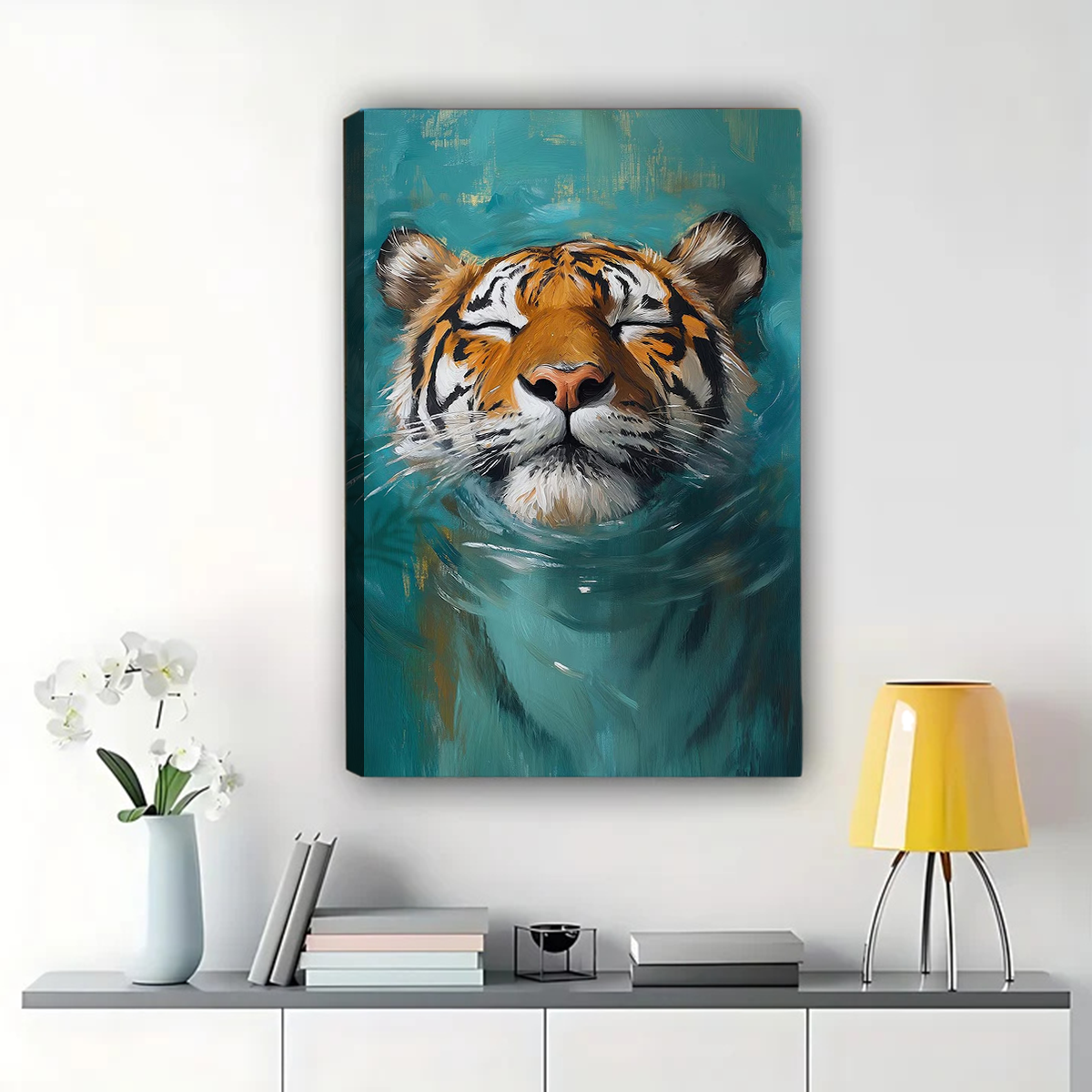 Swimming Tiger Canvas Wall Art - Turquoise Water Animal Print