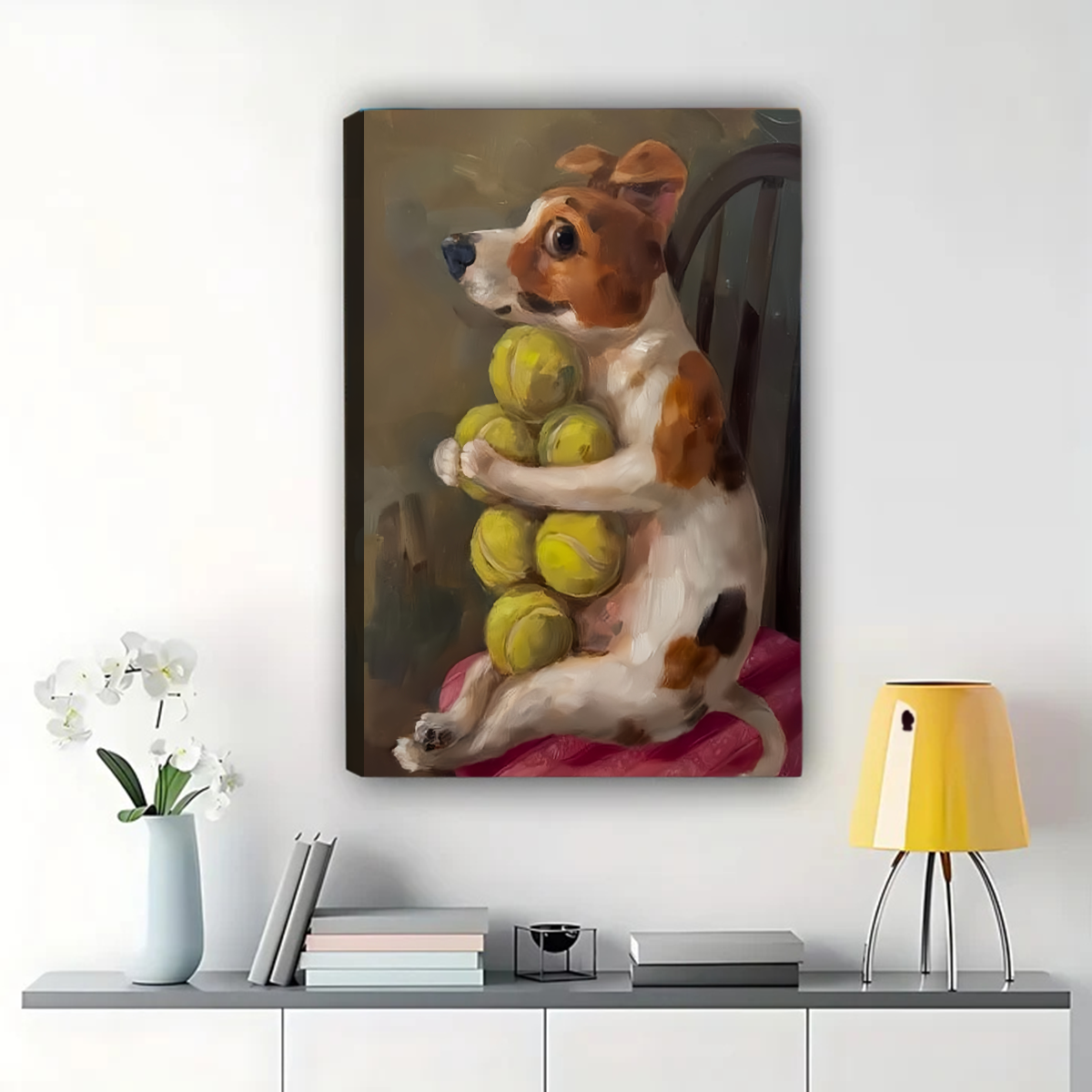 Dog with Tennis Balls Wall Art - Playful Terrier Print