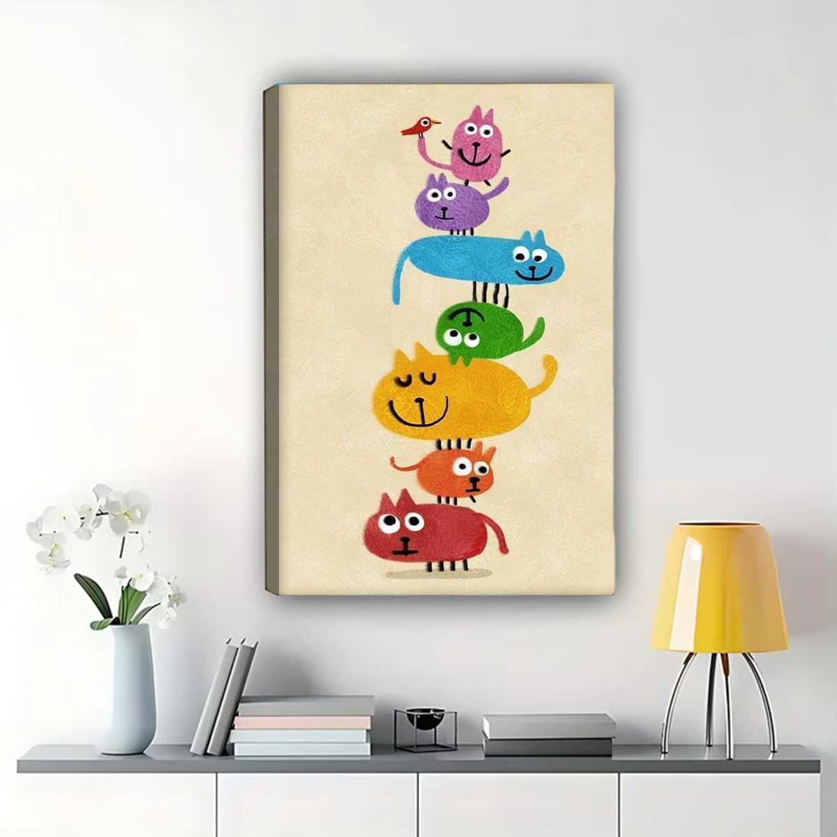 Stacked Colorful Cats Wall Art - Whimsical Rainbow Cat Print