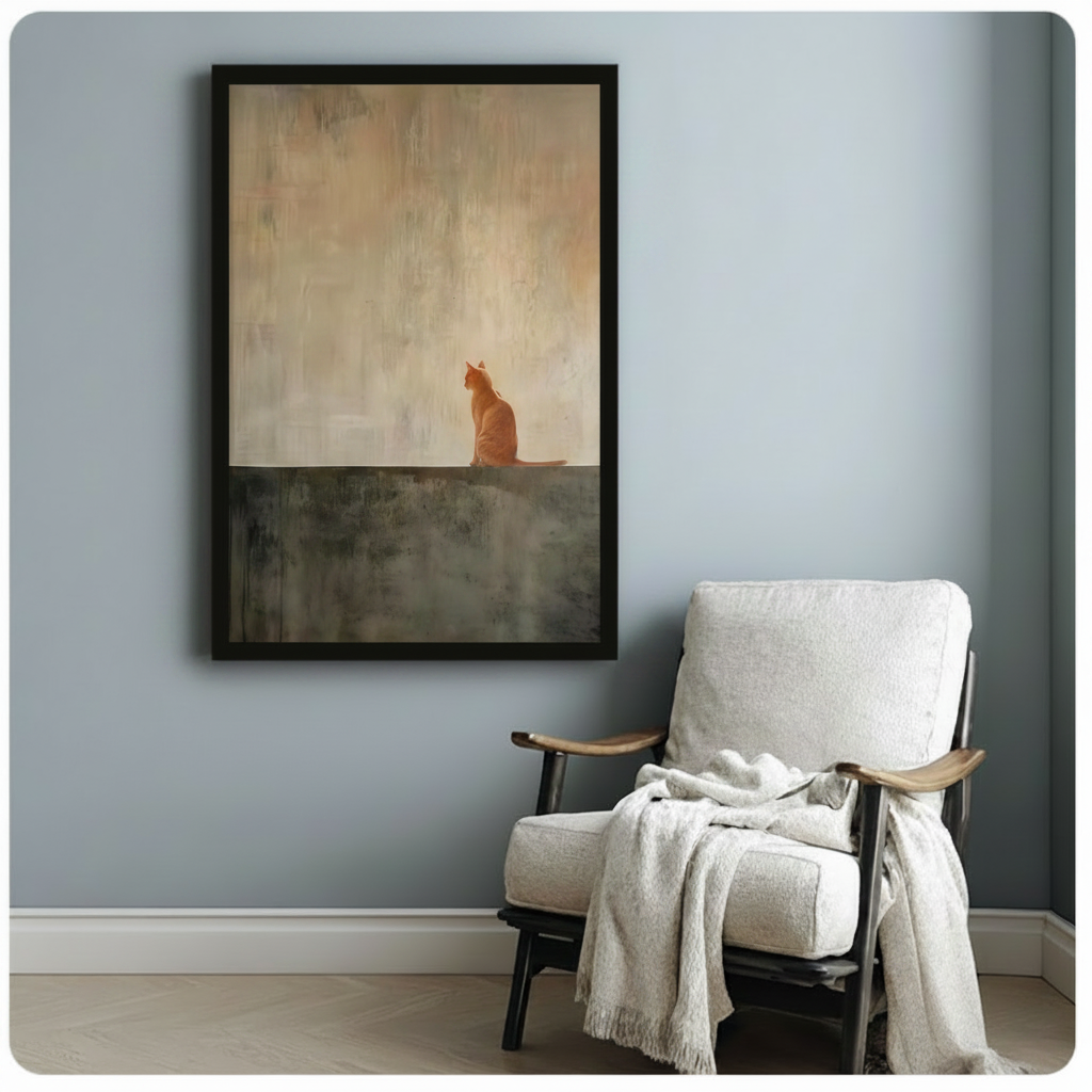 Solitary Orange Cat Minimalist Oil Painting Canvas Print