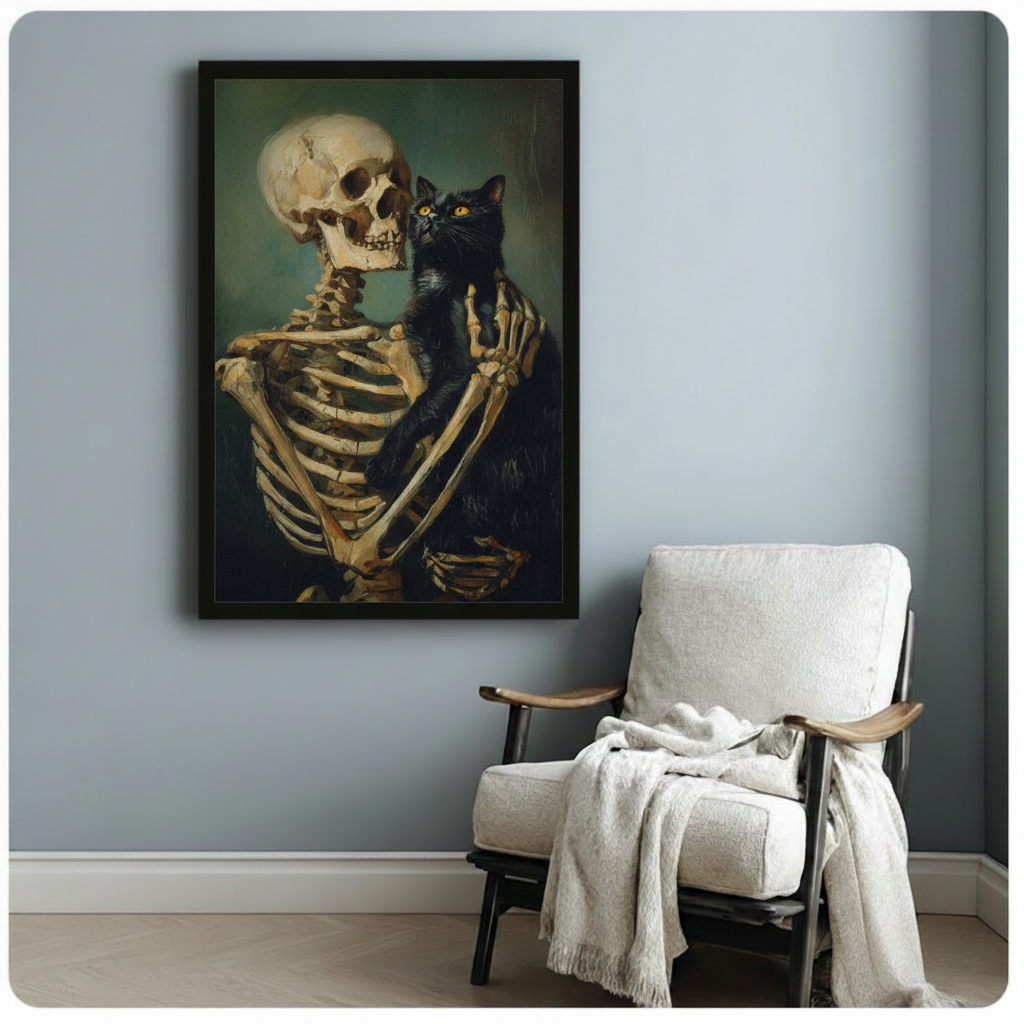 Gothic Skeleton Holding Black Cat Canvas Art Wall Art