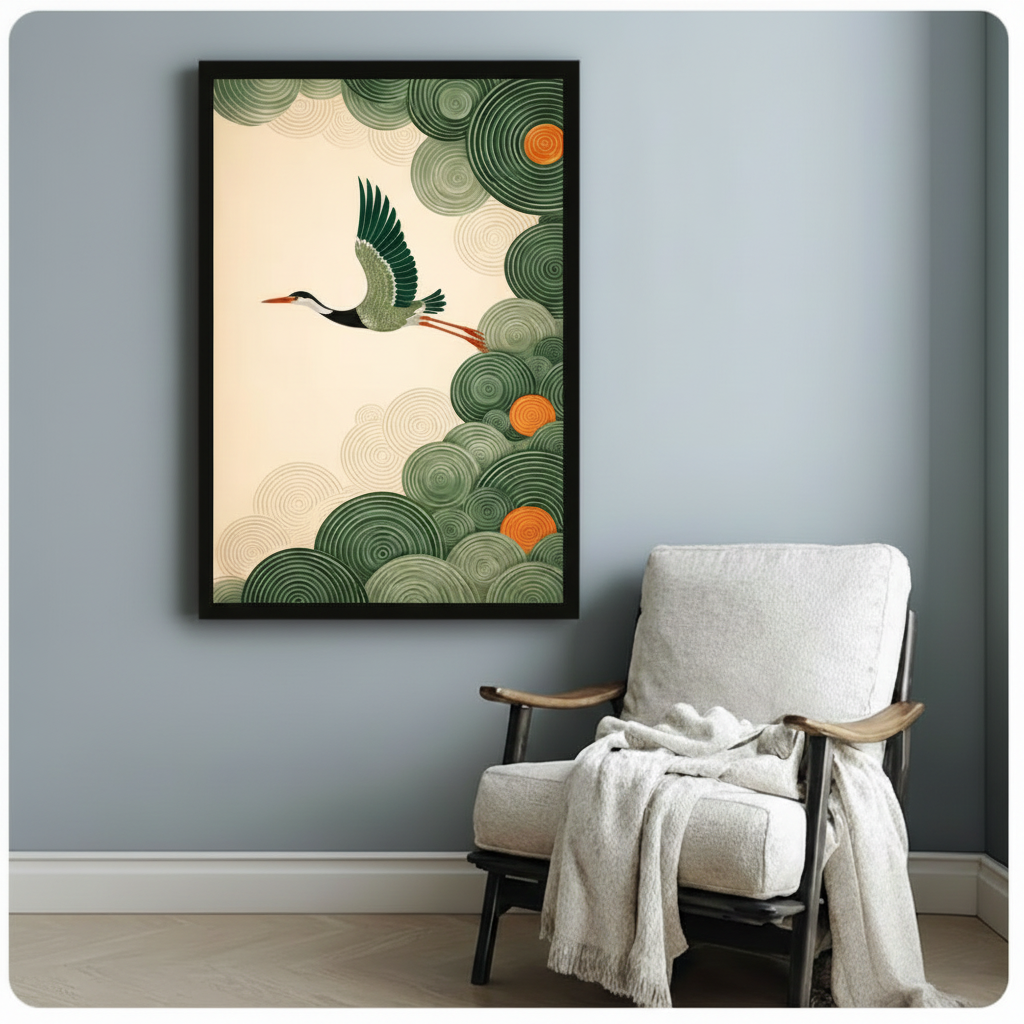 Japanese Crane Flying Green Cloud Decorative Canvas Print