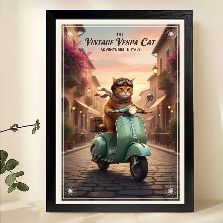 Vintage Vespa Cat Wall Art - Retro Italy Travel Poster