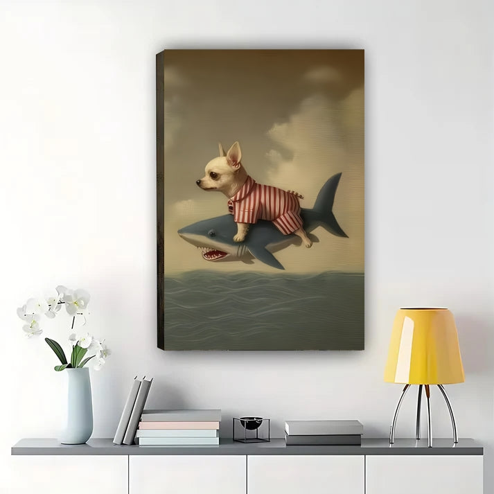 Chihuahua Riding Shark Framed Art – Surreal Animal Wall Print Canvas Wall Art