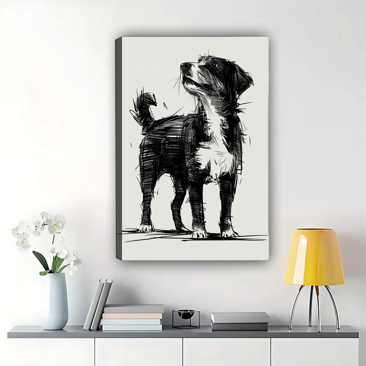 Confident Dog Looking Up Wall Art - Black and White Sketch Canvas Print