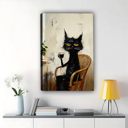 The Sophisticated Wine-Holding Black Cat – Vintage Elegant Wall Art on Natural Wood Canvas