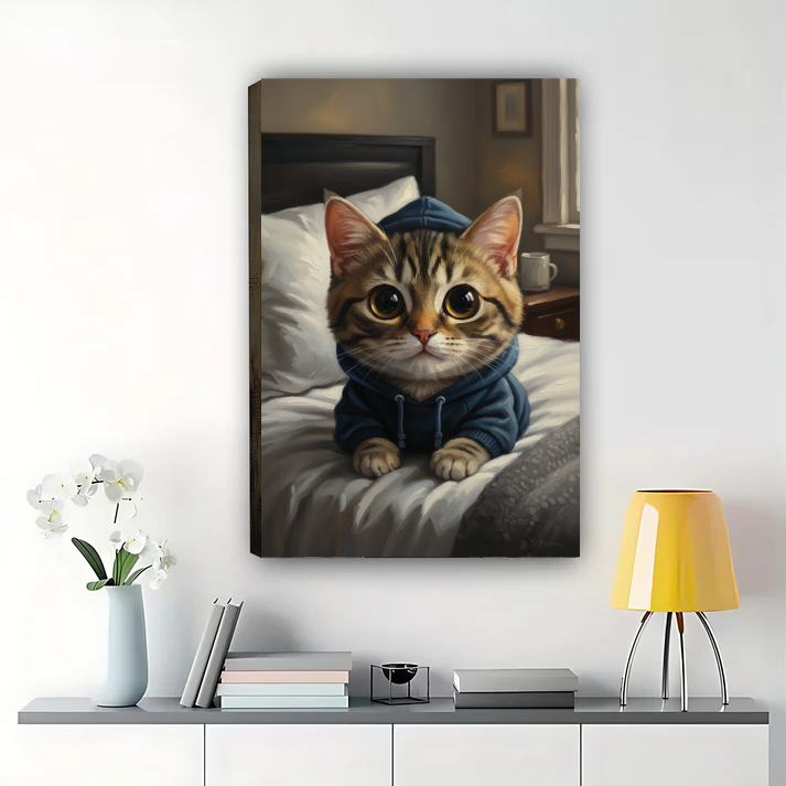 Cozy Cat in Hoodie Art Print - Cute Tabby Kitten Bedroom Wall Decor Canvas Wall Art