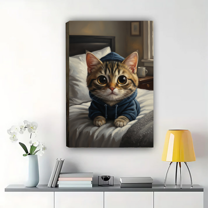 Cozy Cat in Hoodie Art Print - Cute Tabby Kitten Bedroom Wall Decor Canvas Wall Art