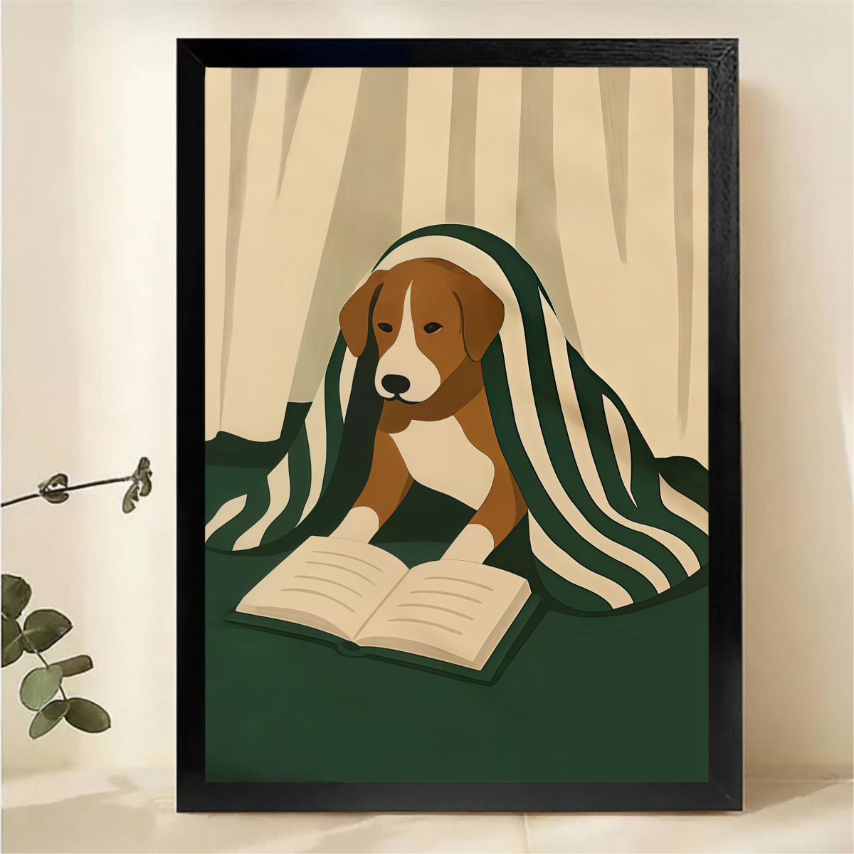 Dog Reading Book Framed Wall Art - Modern Minimalist Print