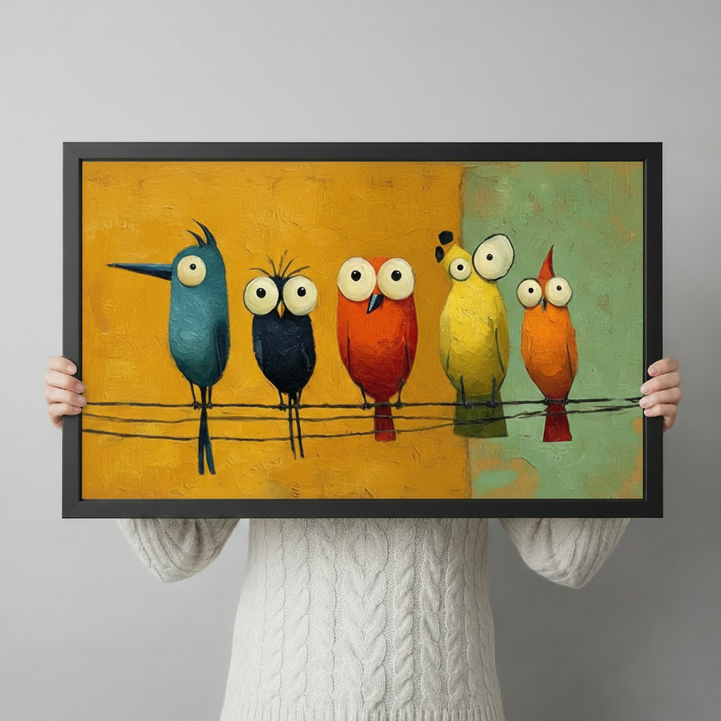 Colorful Cartoon Birds on Wire Canvas Wall Art
