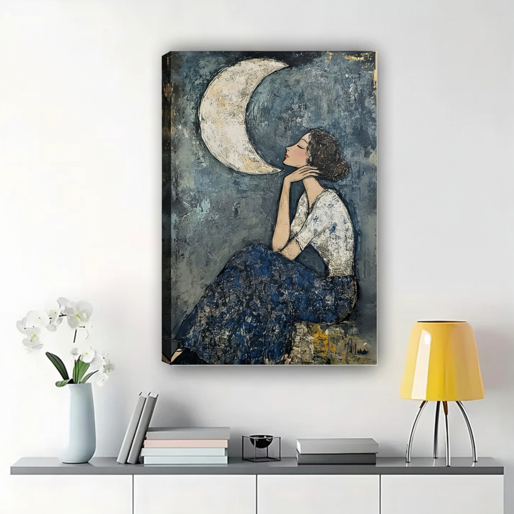 Woman and Crescent Moon Wall Art - Blue Abstract Canvas Print